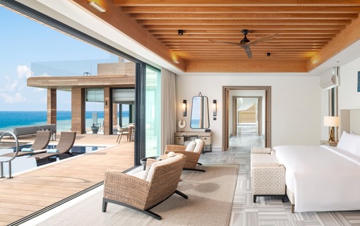 Luxury hotel room with skyline view