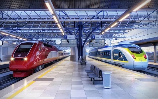 Eurostar red and blue trains